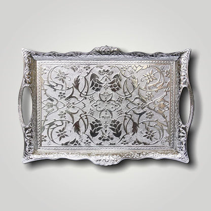 Alisveristime Ottoman Turkish Zamak Serving Tray with Traditional Motifs, Ideal for Coffee and Tea - Six Person Tray (14.5 x 9.85 in) (Silver)