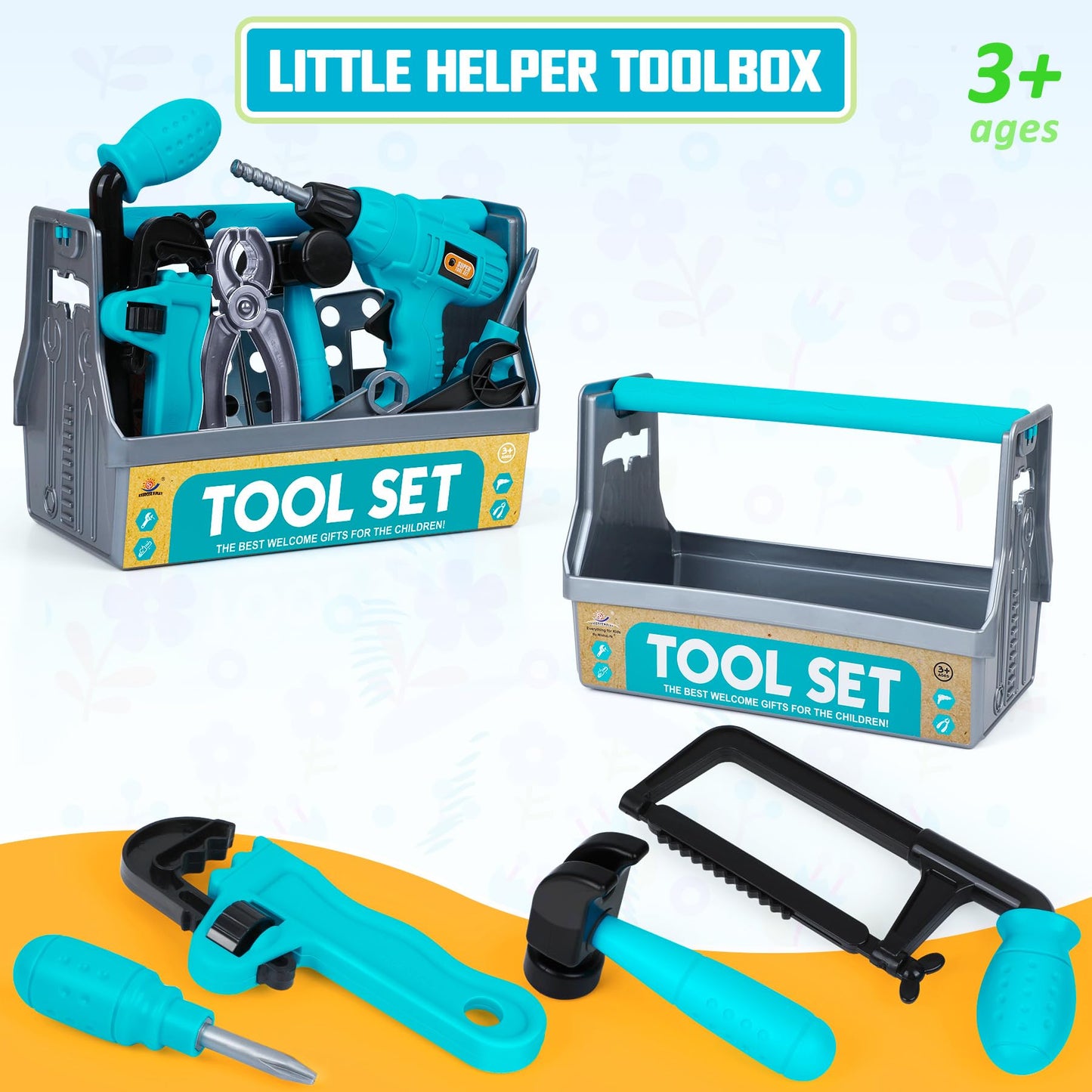 Kids Tool Set - Pretend Play Toy Tool with Tool Box, Toddlers Toy Drill Construction Tool Accessories Gift for Toddlers Boys Aged 3 4 5 6 7