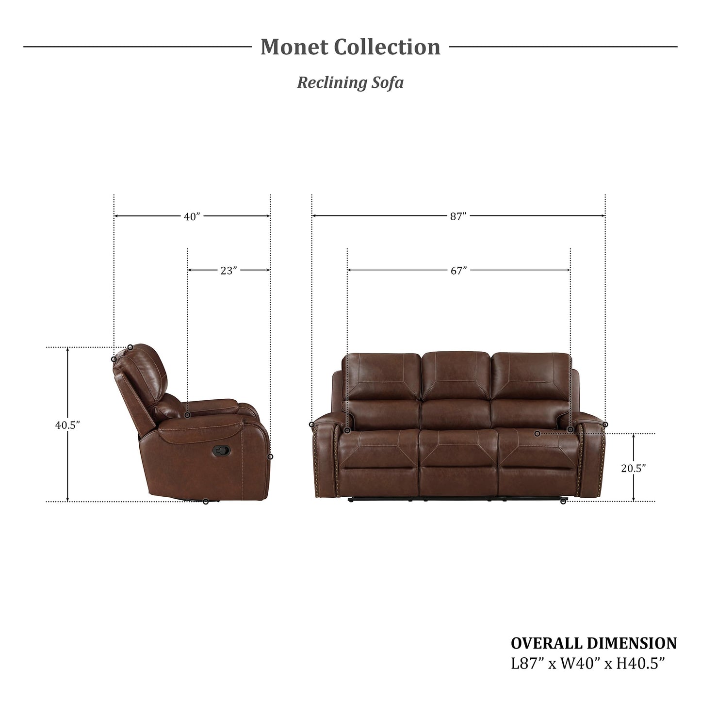 Lexicon Monet Breathable Faux Leather Double Reclining Sofa, Brown