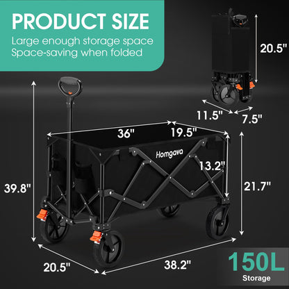 Collapsible Folding Wagon Cart with Brakes,Heavy Duty Garden Cart with All Terrain Wheels,Portable Large Capacity Utility Wagon Cart for Camping Fishing Sports Shopping,Black & Orange