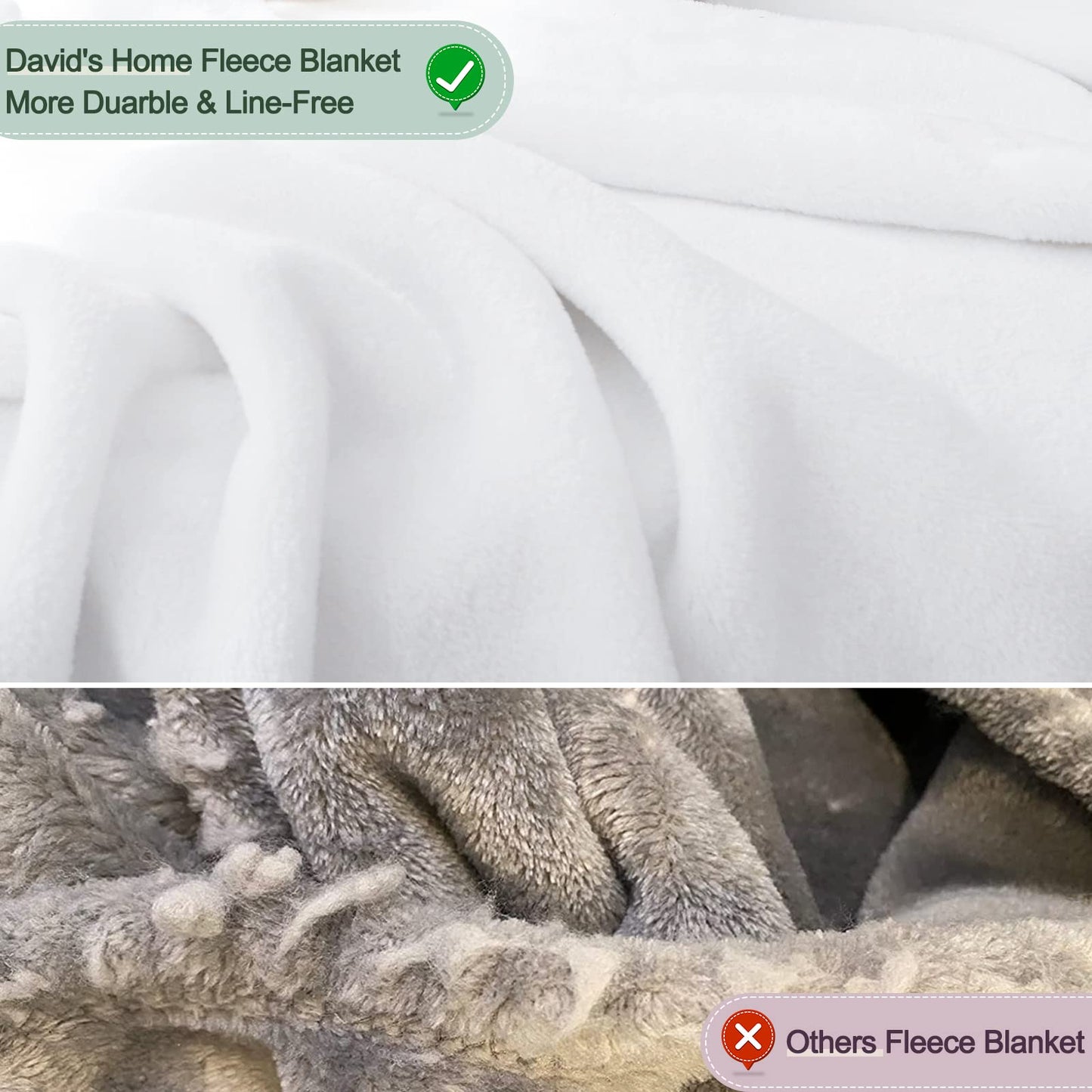 David's Home Fleece Throw Blanket,Ultra Soft More Durable Lightweight Velvety Bed Blanket,Lint-Free& No Pilling,300GSM All Season Use Luxury Plush Cozy Blanket with Wider Stitched Border,50"x60",White
