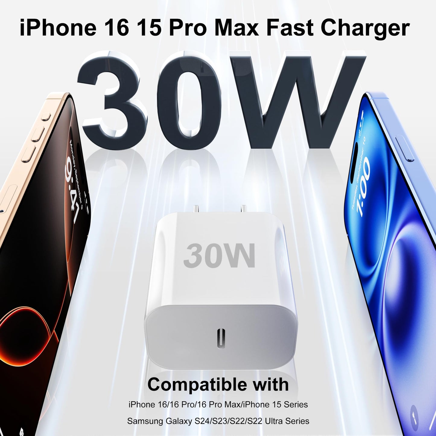 30W Fast USB-C Charger with Long Cable