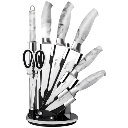 Professional Kitchen Knife Set – 7pcs Calcutta Marble Kitchen Knives – 360 Degree Rotating Knife Block Sharp Stainless Steel Blades – by Nuovva