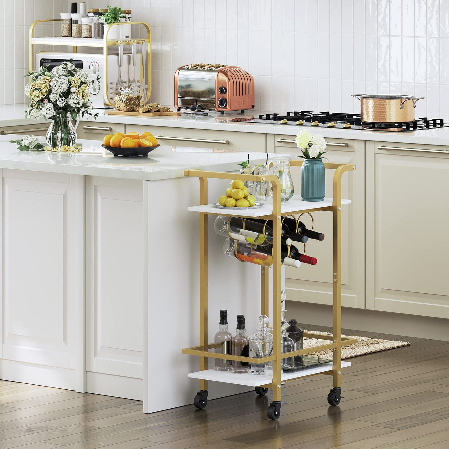 HOOBRO Gold Bar Cart for Home, 2-Tier Serving Cart with Lockable Wheels, Wine Cart with Wine Rack for Small Spaces, Rolling Wine Cart for Living Room, Party, Bar, White and Gold DW56TC01
