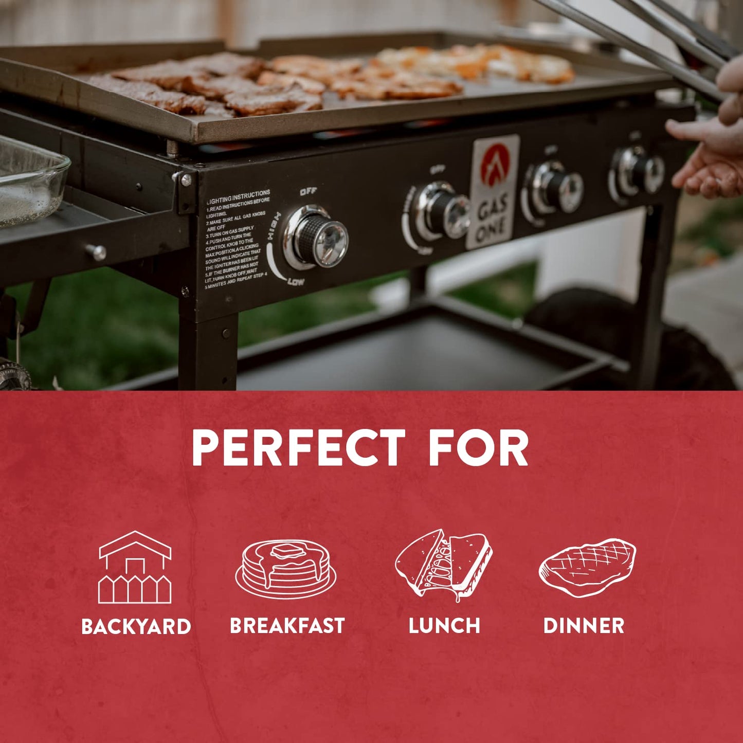 Gas One Propane Burner Grill–36-Inch Flat Top Grill Griddle Cooking Station–Foldable 4 Burner Propane Grill with Pre-Seasoned Griddle–Professional Burners for Outdoor Cooking with Side Shelves, Black