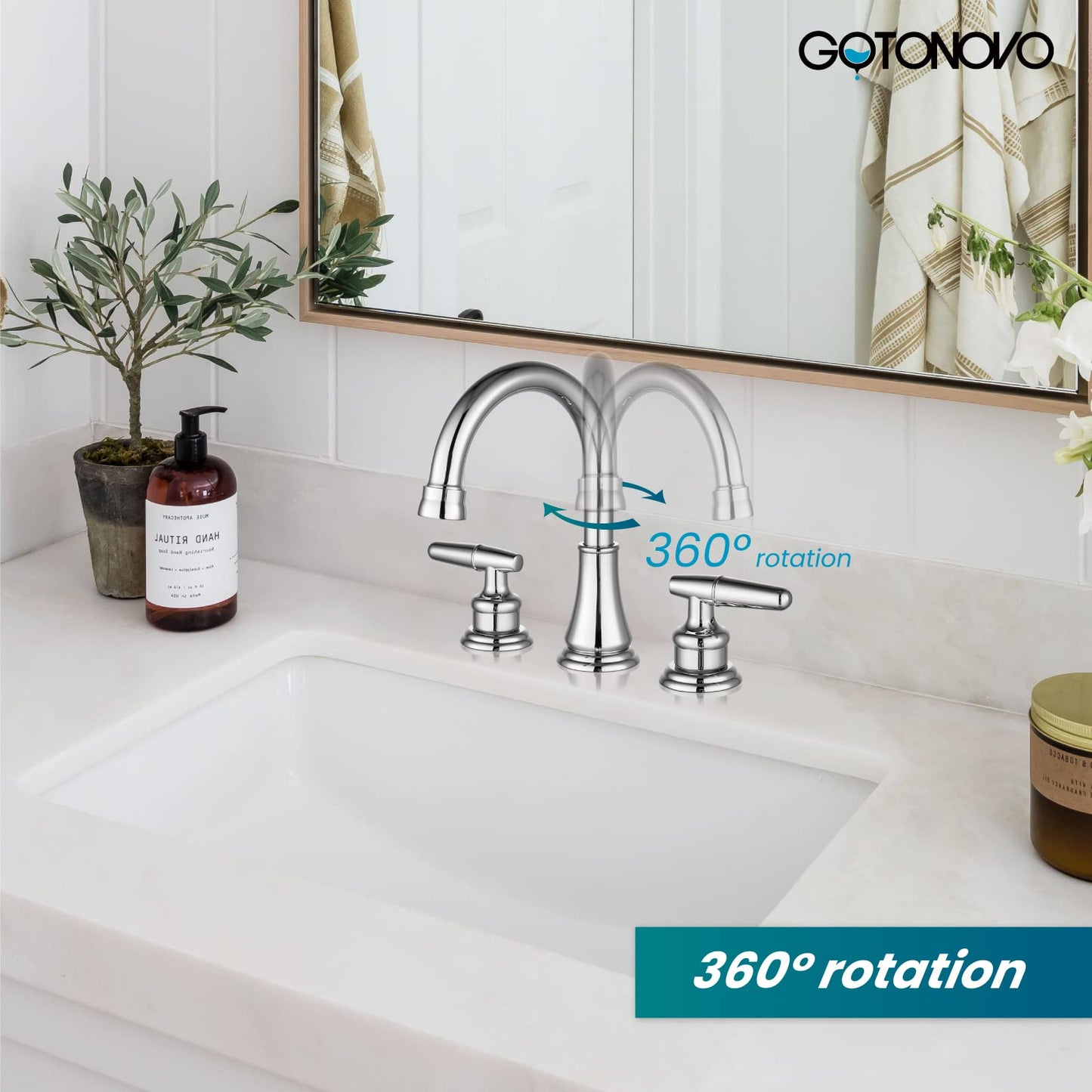 gotonovo 8 Inch Vanity Basin Faucet Dual Handle Polished Chrome Deck Mount 3 Hole Bathroom Faucet with Pop Up Drain and Water Supply Hoses Widespread Lavatory Sink Faucet Hot and Cold Mixer Tap