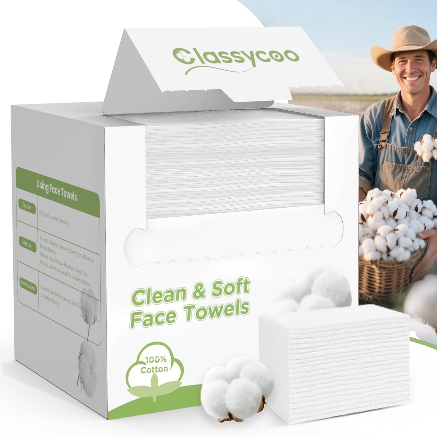 100 Pack Organic-Cotton Disposable Face Towels