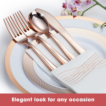 By Madee HEAVYWEIGHT 175 Pcs Rose Gold Dinnerware Set 25 for 25 Guests | Rose Gold Plates and Napkins Party Supplies | Elegant Plastic Plates | Fancy Disposable Dinnerware Set