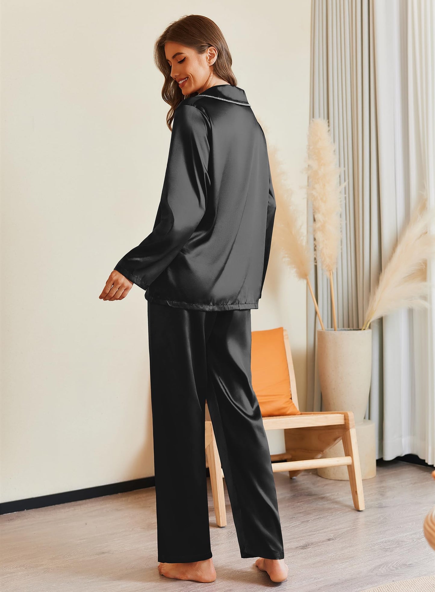 Ekouaer Pajamas For Women Set Silk Pjs 2 Piece Satin Sleepwear Long Sleeve Button Down Lounge Sets With Pant Black S