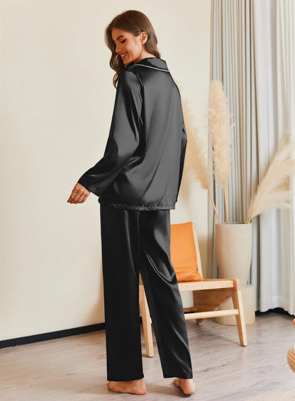 Ekouaer Pajamas For Women Set Silk Pjs 2 Piece Satin Sleepwear Long Sleeve Button Down Lounge Sets With Pant Black S