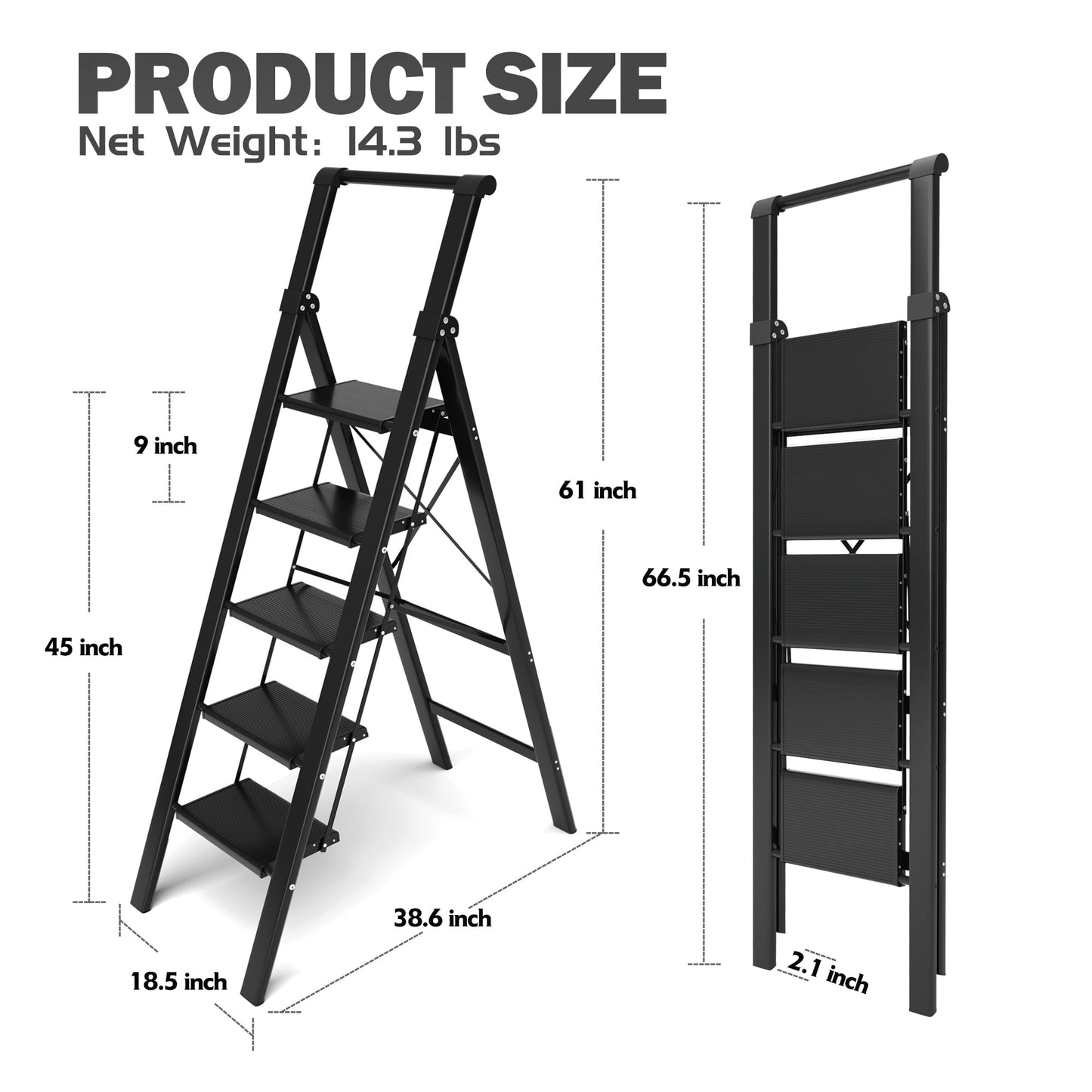 Lightweight Aluminum 5-Step Folding Ladder - Black