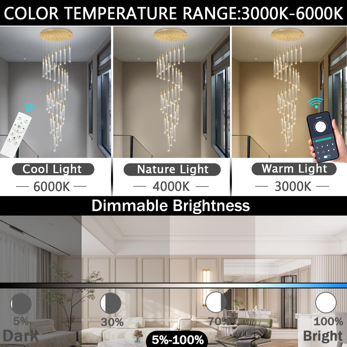 16.3 Foot Chandeliers for Living Room LED Lights Simple Modern Crystal Light Extra Large Chandelier Light Fixture Entryway Foyer High Ceiling Chandelier Lighting with LED Light Bulbs Sloping Ceiling