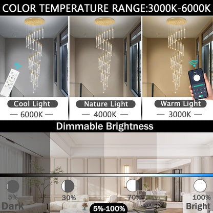 16.3 Foot Chandeliers for Living Room LED Lights Simple Modern Crystal Light Extra Large Chandelier Light Fixture Entryway Foyer High Ceiling Chandelier Lighting with LED Light Bulbs Sloping Ceiling