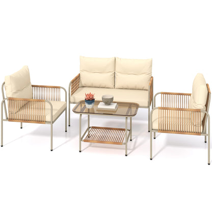 DWVO 4 Pieces Patio Furniture Set, Wicker Outdoor Conversation Set, All-Weather Rattan Bistro Set with Loveseat Set, Glass Side Table and Cushions for Backyard, Balcony, Deck - Beige