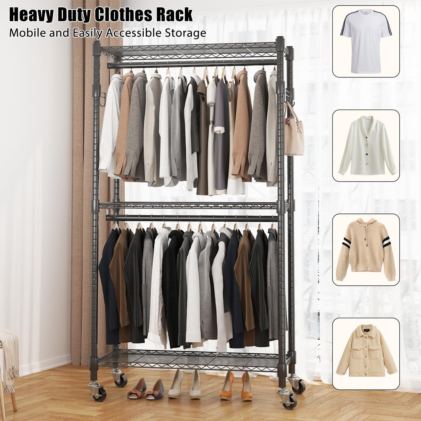 Portable Rolling Garment Rack with Adjustable Shelves