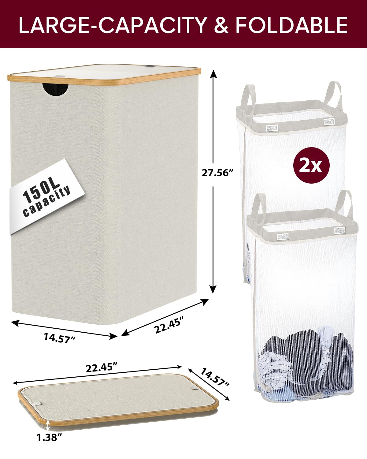 Large Laundry Basket, Clothes Hampers for Laundry, Dirty Clothes Hamper, Foldable & Space Saving (Beige)…