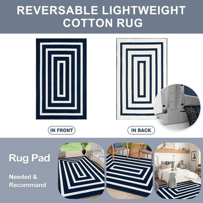 Lahome Modern Outdoor Patio Rug, Washable 5x8 Area Rug Living Room Bedroom Rugs Indoor Outdoor Cotton Rug, Farmhouse Woven Large Blue Geometric Carpet for Backyard Dining Porch