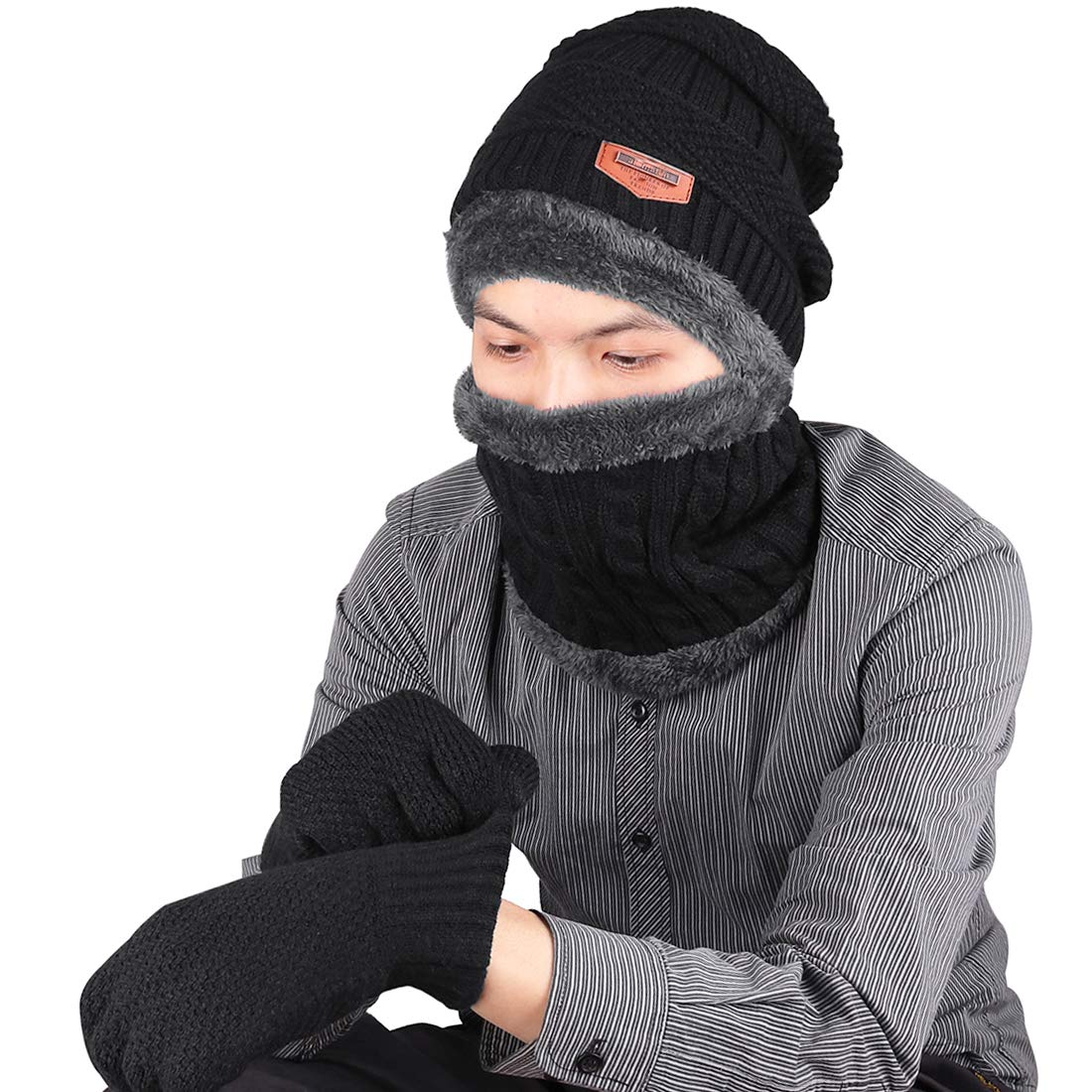 KRATARC Winter Warm Scarf Beanie Hat Knit Glove Neck Gaiter Set Adult Men Women Outdoor (Black)