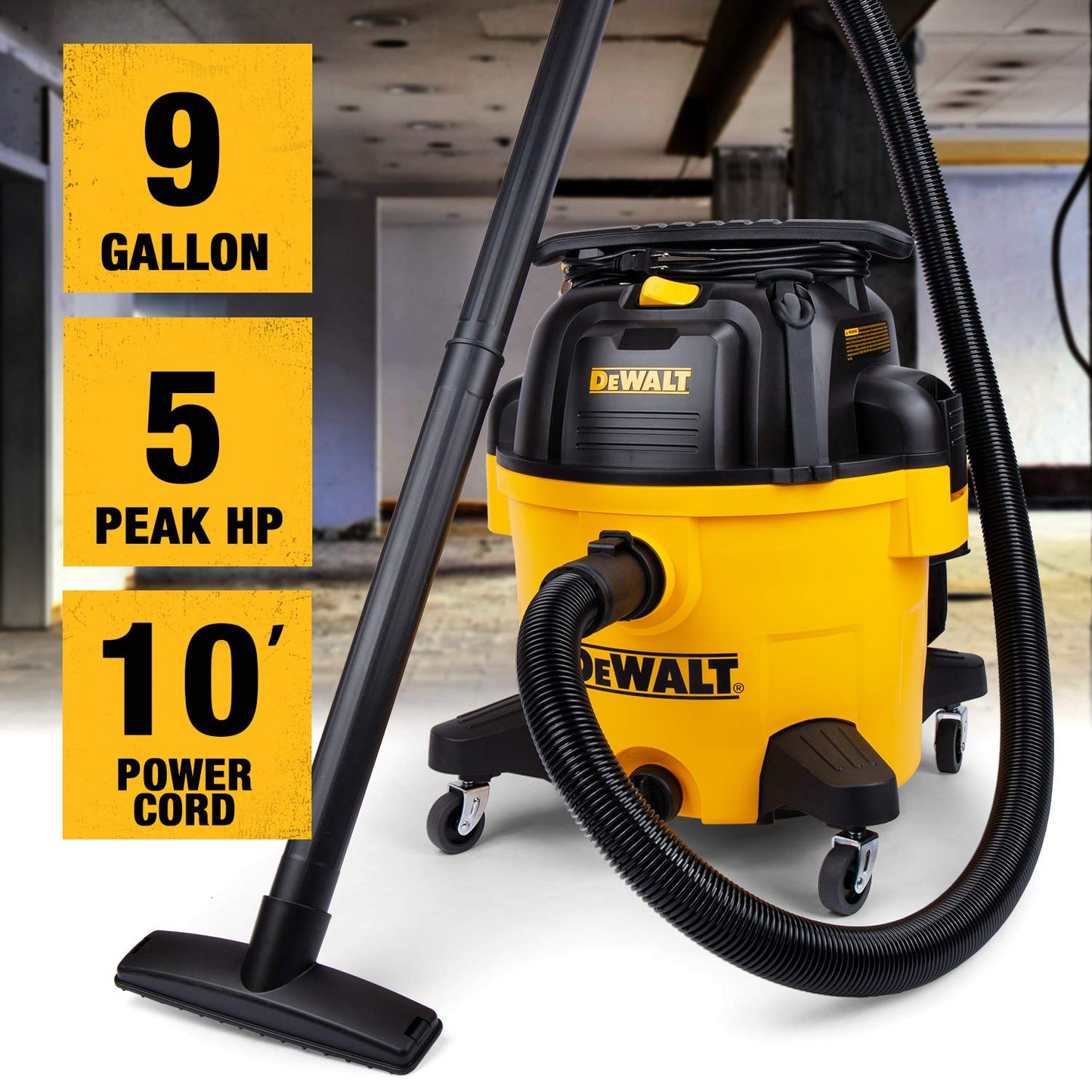 DEWALT 9 Gallon Wet/Dry VAC, Heavy-Duty Shop Vacuum with Attachments, 5 Peak HP, with Blower Function, DXV09PA