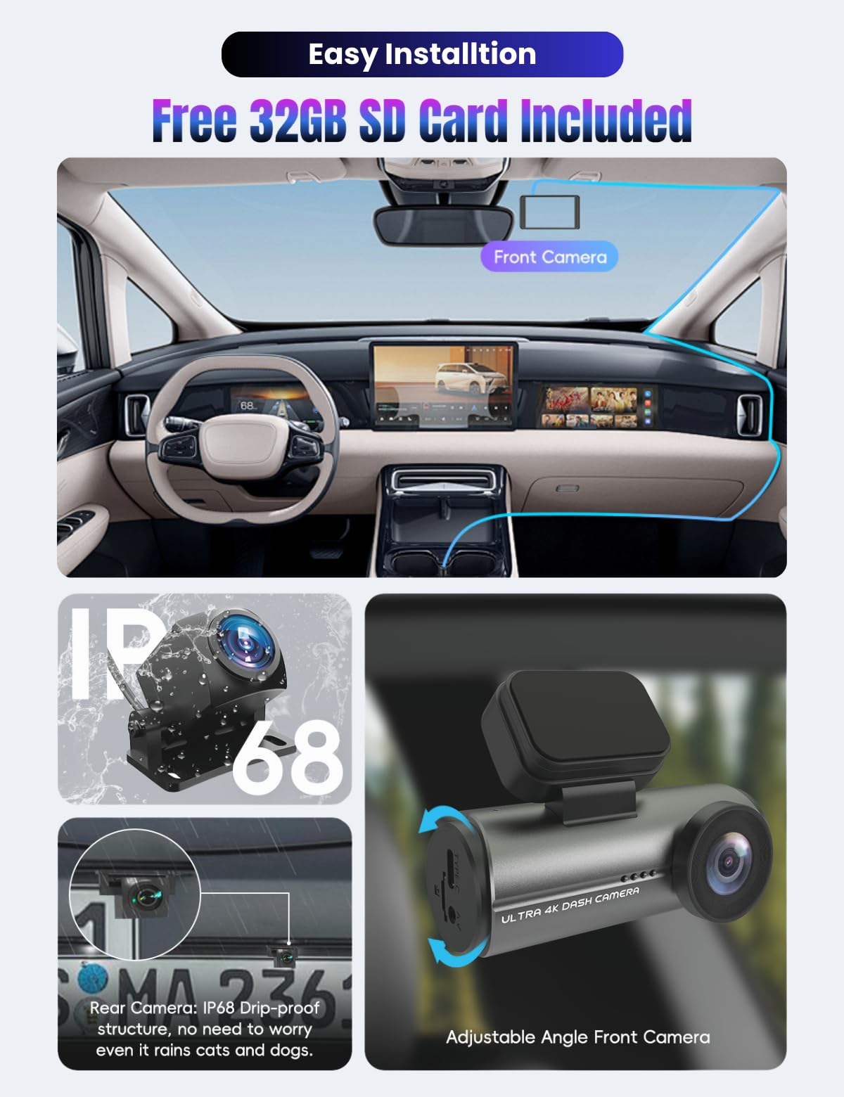 MiraFace 4K Dash Cam Front Rear Wi-Fi 32GB