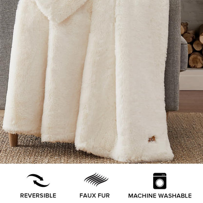 UGG 16796 Euphoria Plush Faux Fur Reversible Throw Blanket for Couch or Bed Luxury Hotel Style Machine Washable Soft Cozy Home Decor Fuzzy Fluffy Sofa Blanket, 70 x 50-Inch, Snow