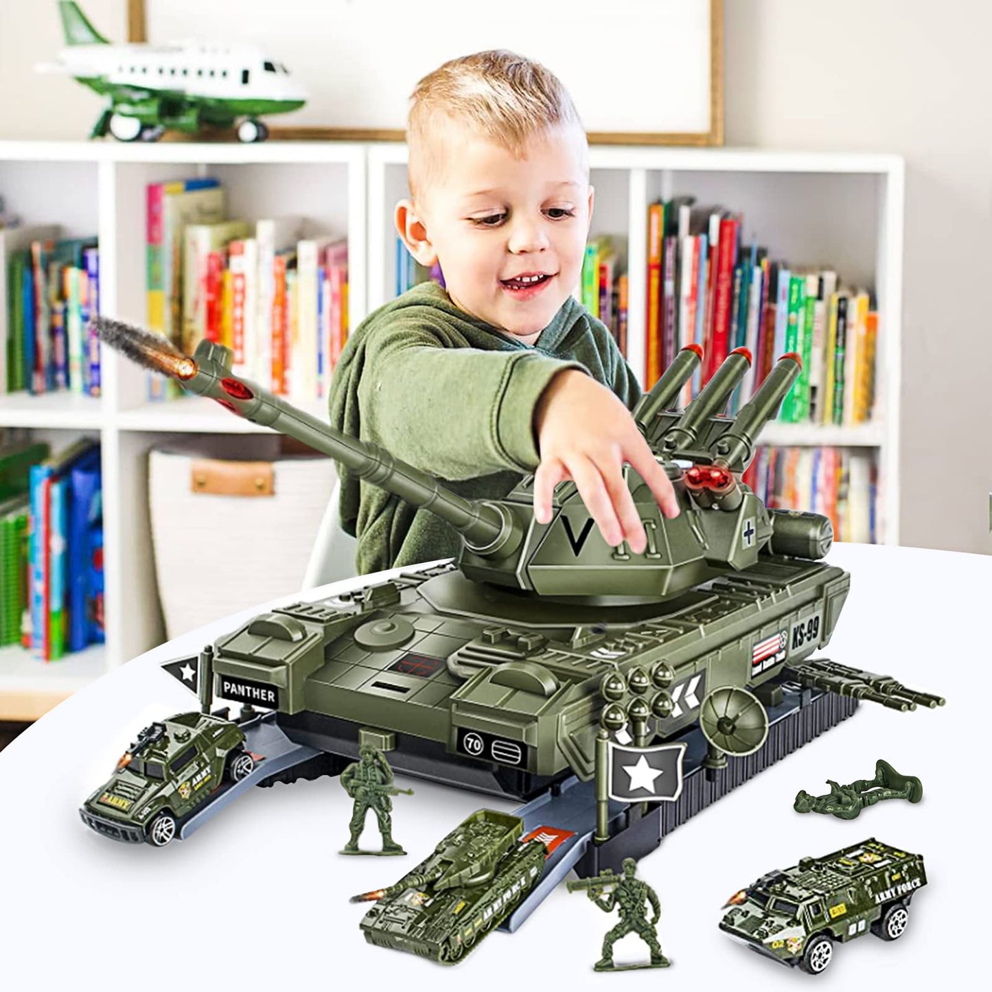 UNIH Toy Sets, Military Transport Tank and 4PCS Vehicles, Tank & Vehicle Playset with 4 Sound and Launcher Birthday Gift for Kids Boys 3 4 5 6 7 Years Old ( Army Men Soldiers Included)
