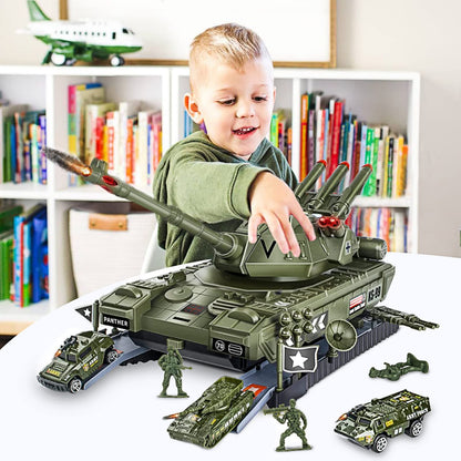 UNIH Toy Sets, Military Transport Tank and 4PCS Vehicles, Tank & Vehicle Playset with 4 Sound and Launcher Birthday Gift for Kids Boys 3 4 5 6 7 Years Old ( Army Men Soldiers Included)