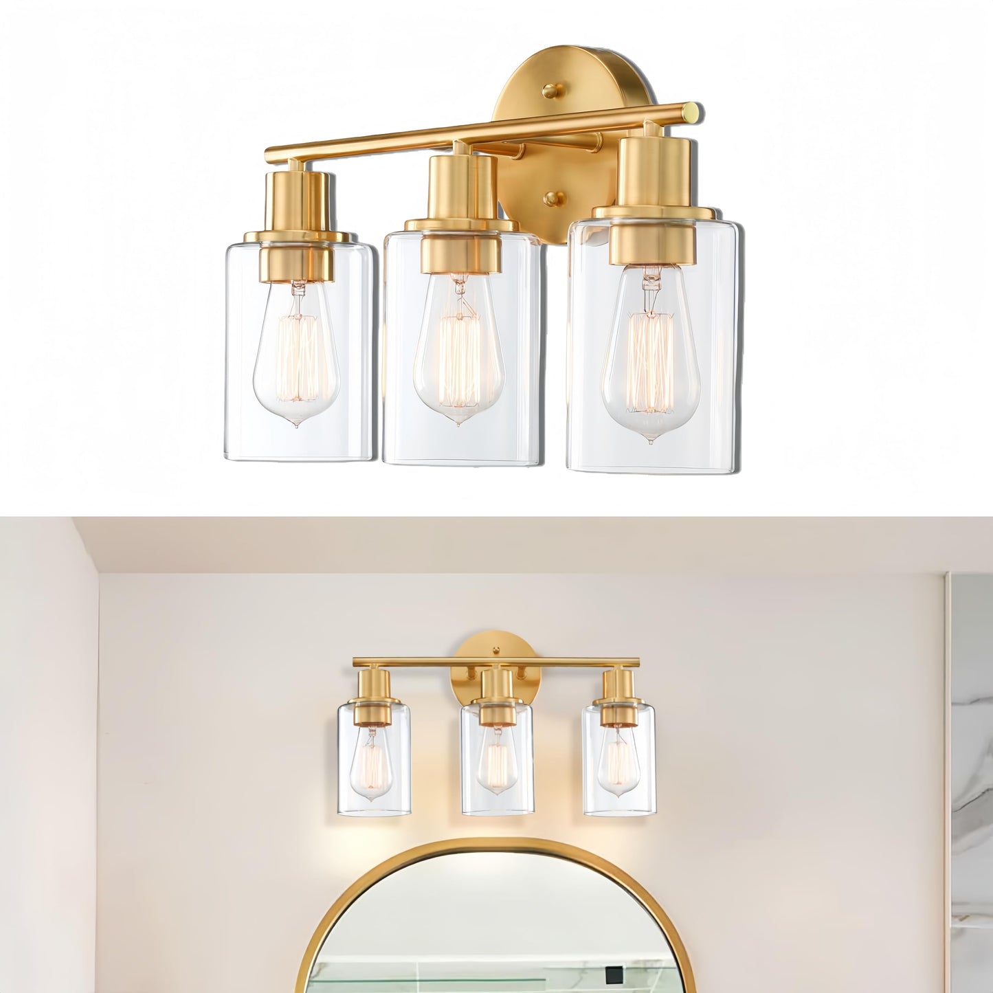 WISBEAM 3-Light Bathroom Vanity Light Over Mirror, Gold Bathroom Wall Sconce with Clear Glass Shade Including E26 Medium Base, Bulb NOT Included