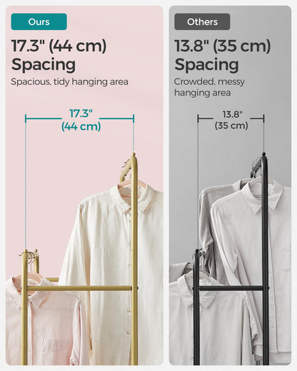 SONGMICS Double Rods Clothes Rack with Wheels, Clothing Rack for Hanging Clothes, Heavy Duty Garment Rack with Mesh Storage Shelf, 2 Brakes, Each Top Rail Holds up to 77 lb, Gold UHSR026A01