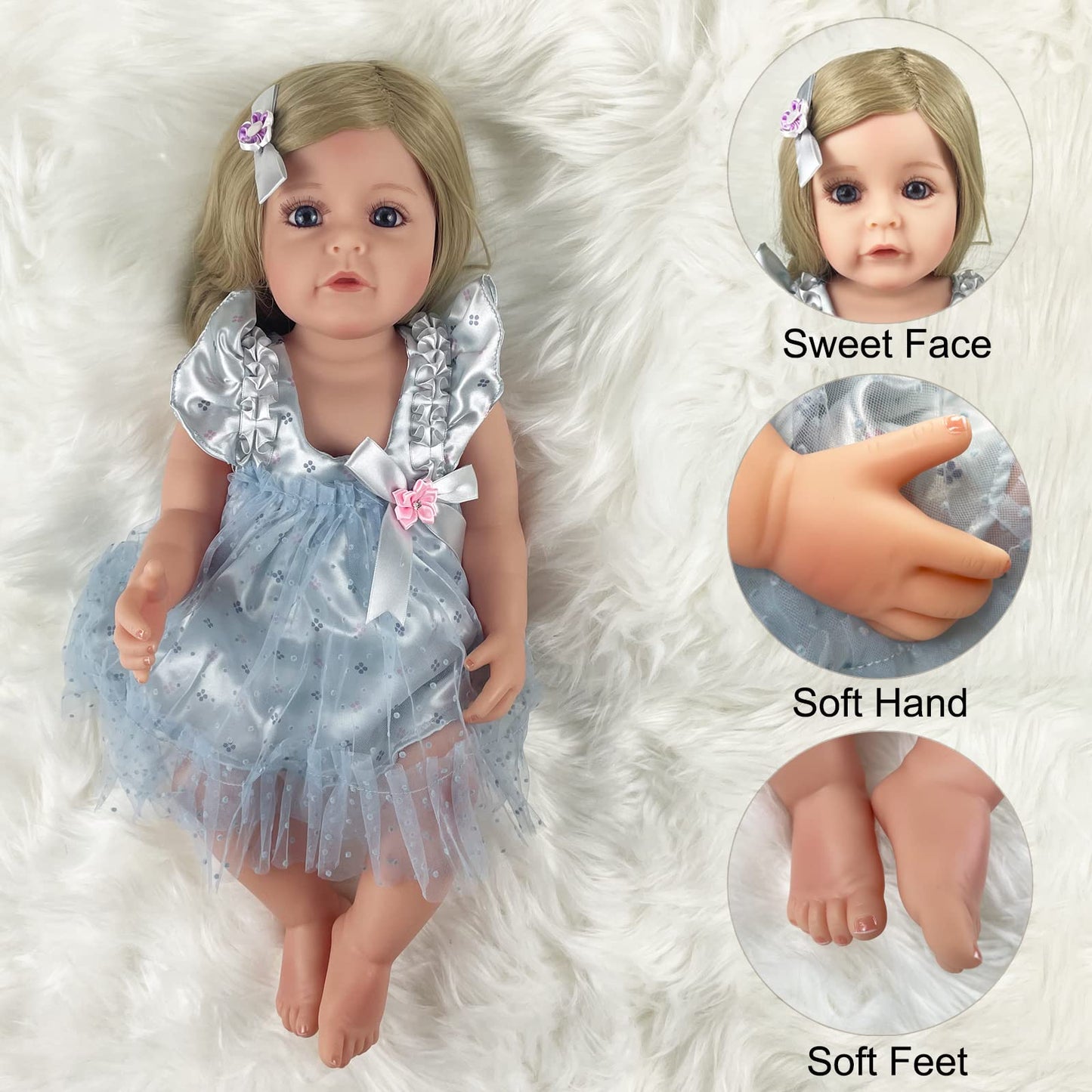 PLAYSKY Reborn Baby Dolls Girl, 22" Beautiful Lifelike Doll Full Body Vinyl Silicone with Long Hair for Kids, Realistic Newborn Baby Doll with Feeding Toy for Birthday Christmas
