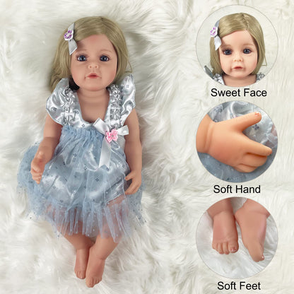 PLAYSKY Reborn Baby Dolls Girl, 22" Beautiful Lifelike Doll Full Body Vinyl Silicone with Long Hair for Kids, Realistic Newborn Baby Doll with Feeding Toy for Birthday Christmas