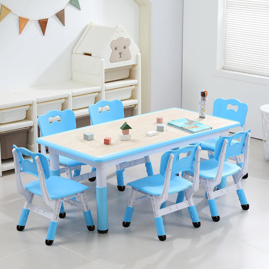 GarveeHome Kids Table and 6 Chair Set - Height Adjustable, Multifunctional Desk, Ergonomically Designed Chairs, Max 300lbs, for Ages 2-10, Classroom, Daycares, Home