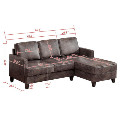 Vesgantti Sectional L Shaped Sofa, 3 Seater Modern Faux Leather Couch with Chaise Lounge Sofa, Deep Seat Cushions, 74 inch Small Couches for Living Room, Apartment and Office, Deep Brown