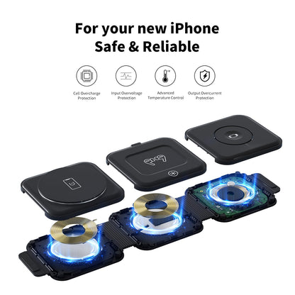 3 in 1 Fast Charging Station for iPhone,Magnetic Foldable Wireless Charging Station,Portable Travel Charger for Multple Devices for iPhone15/14/13/12 Series,AirPods 3/2/Pro,iWatch(Adapter Included)