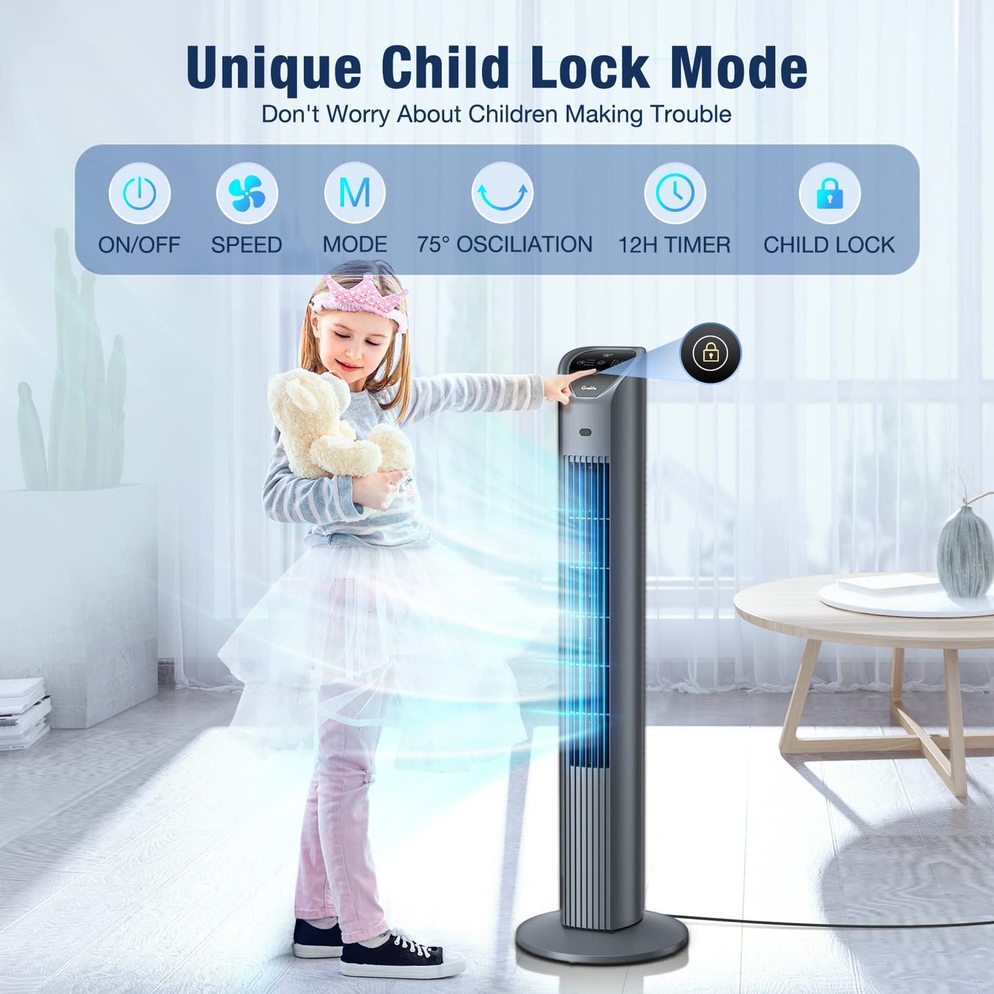 VCK Tower Fan, 80° Oscillating Fans with Remote, 36'' Quiet Cooling Fan,Adjustable 3 Speeds,4 Mode,12H Timer, LED Display with Auto Off,Standing Bladeless Floor Fan for Bedroom Home Office