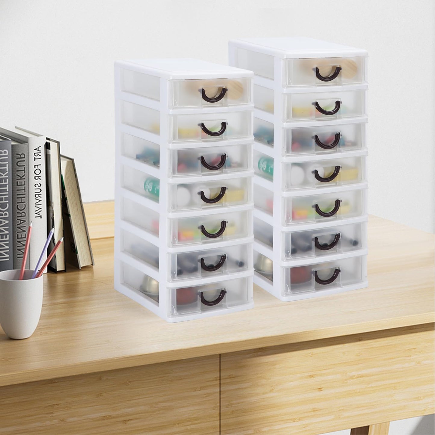Rempry 2 Pack Mini Plastic Drawers Organizer, 7.1"x5.1"x13.2" Small Storage Drawers Organizer Container Case with 7 Clear Desktop Drawer Units, White