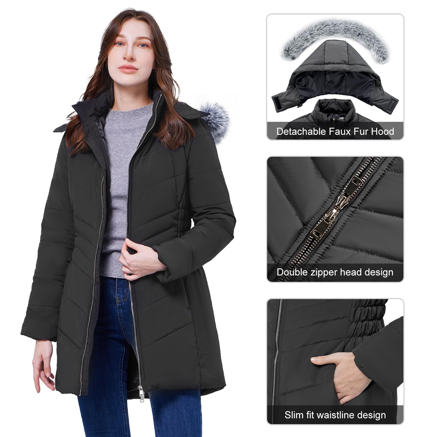 WULFUL Women's Winter Coats Long Warm Thicken Puffer Jackets Outwear With Removable Fur Hood