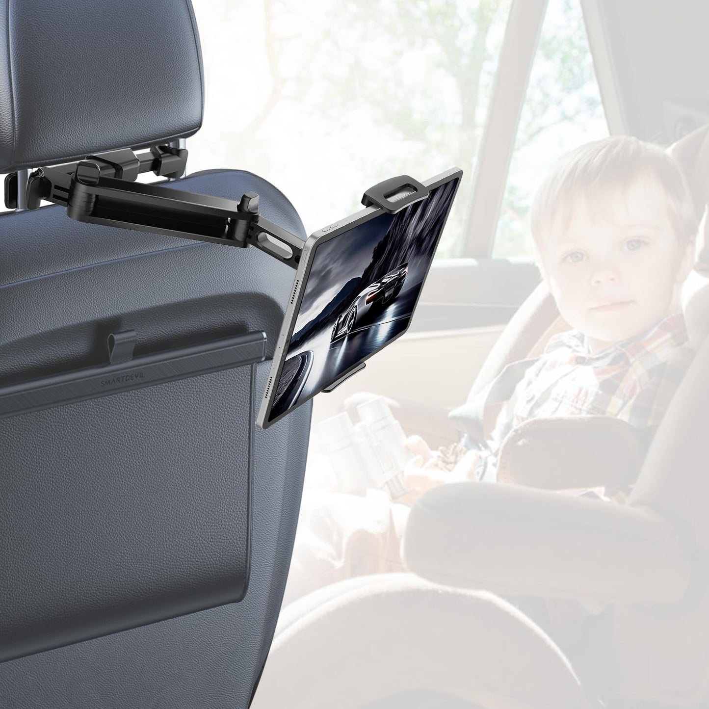 Tablet Holder for Car - Car Tablet Holder, [3 in 1 Extension Arm] Long Trip Car Tablet Mount, Road Trip Essentials, Car Backseat Tablet Mount Compatible with 4-12" Tablets & Headrest Rod (Black)