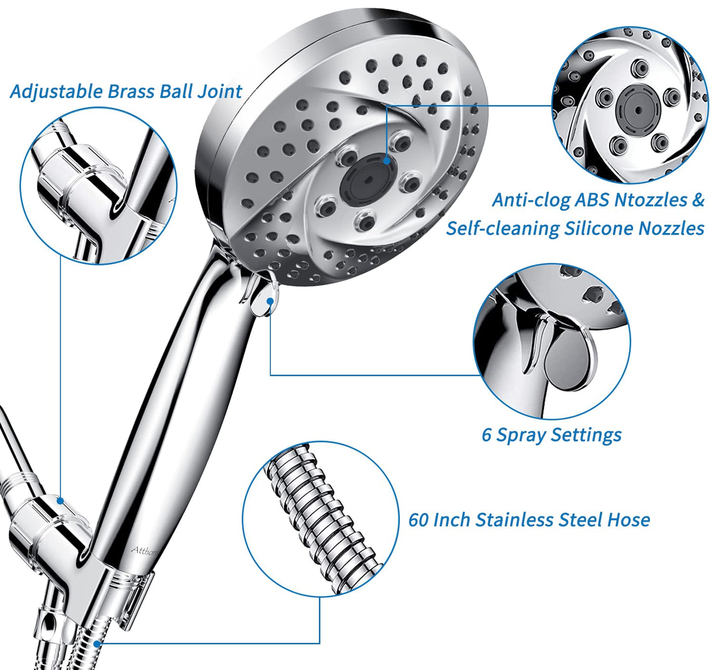 Atthomie Modern Shower Head with 6 Spray Settings, Anti-Clog Detachable & Removable, 60 Inch Stainless Steel Hose, Adjustable Brass Joint, Tool-Free Installation