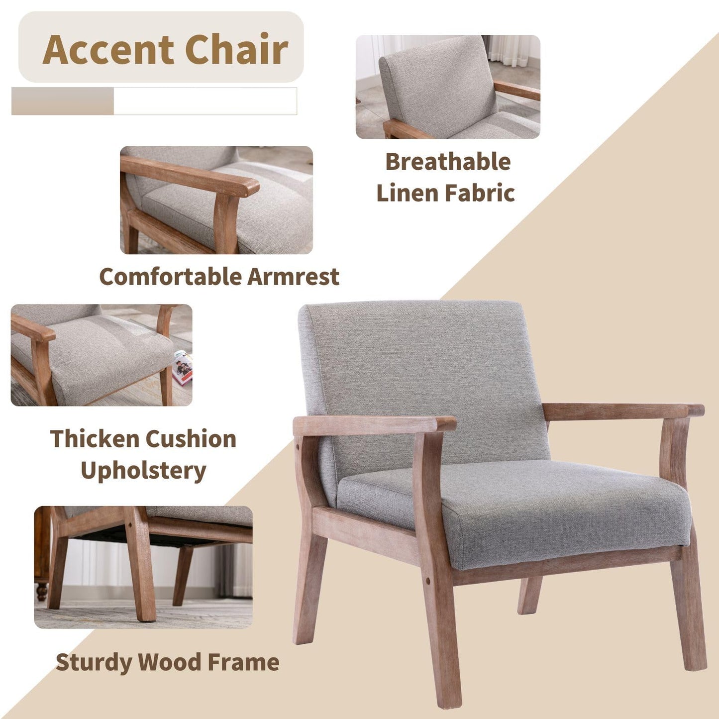 HNY Mid Century Armchair with Hardwood Frames, Linen Upholstered Living Room Chair, for Living Room Bedroom, Light Grey