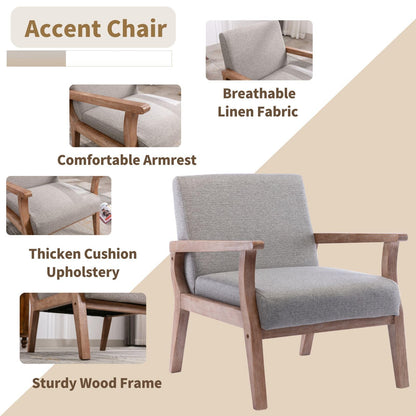 HNY Mid Century Armchair with Hardwood Frames, Linen Upholstered Living Room Chair, for Living Room Bedroom, Light Grey