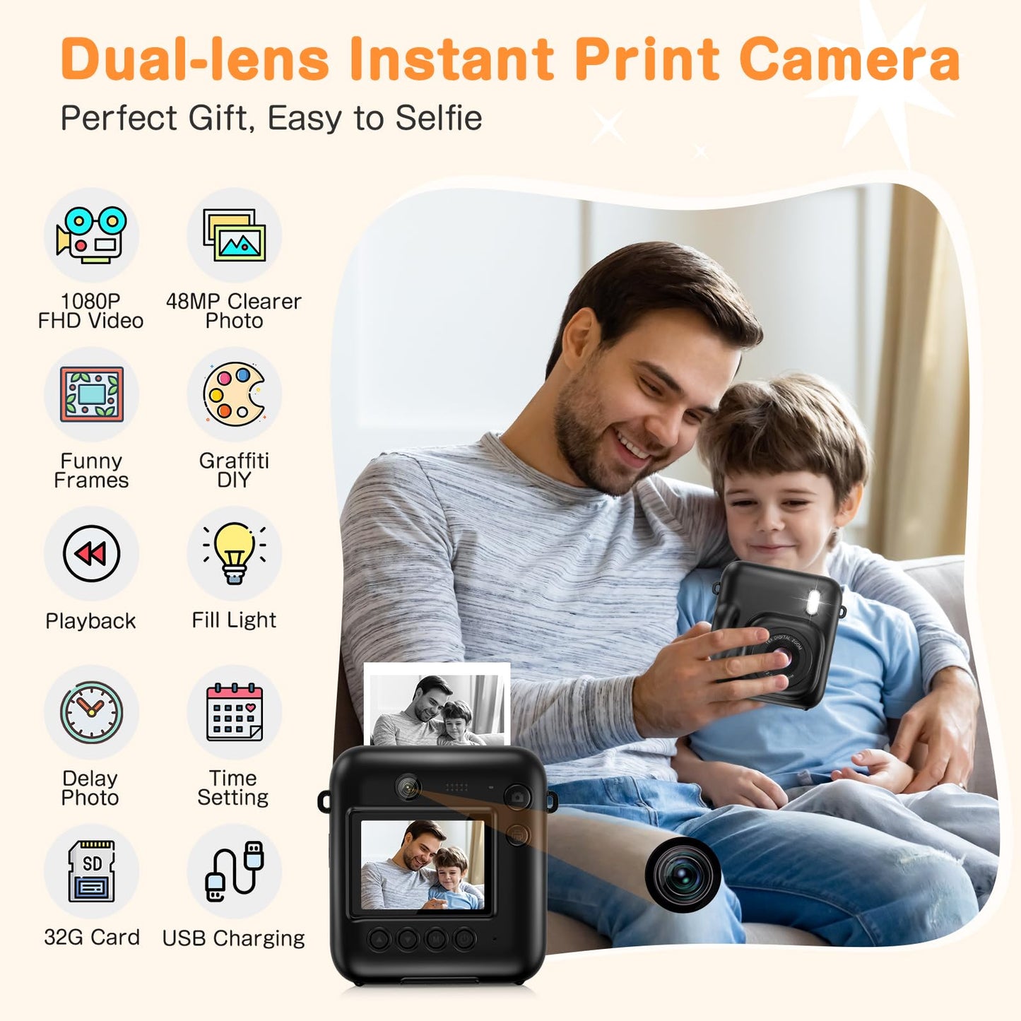 Kids Instant Print Camera with Dual-Lens 48MP