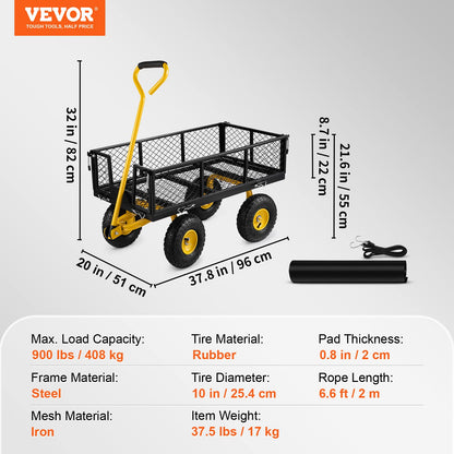 VEVOR Steel Garden Cart, Heavy Duty 900 lbs Capacity, with Removable Mesh Sides to Convert into Flatbed, Utility Metal Wagon with 180° Rotating Handle and 10 in Tires, Perfect for Garden, Farm, Yard