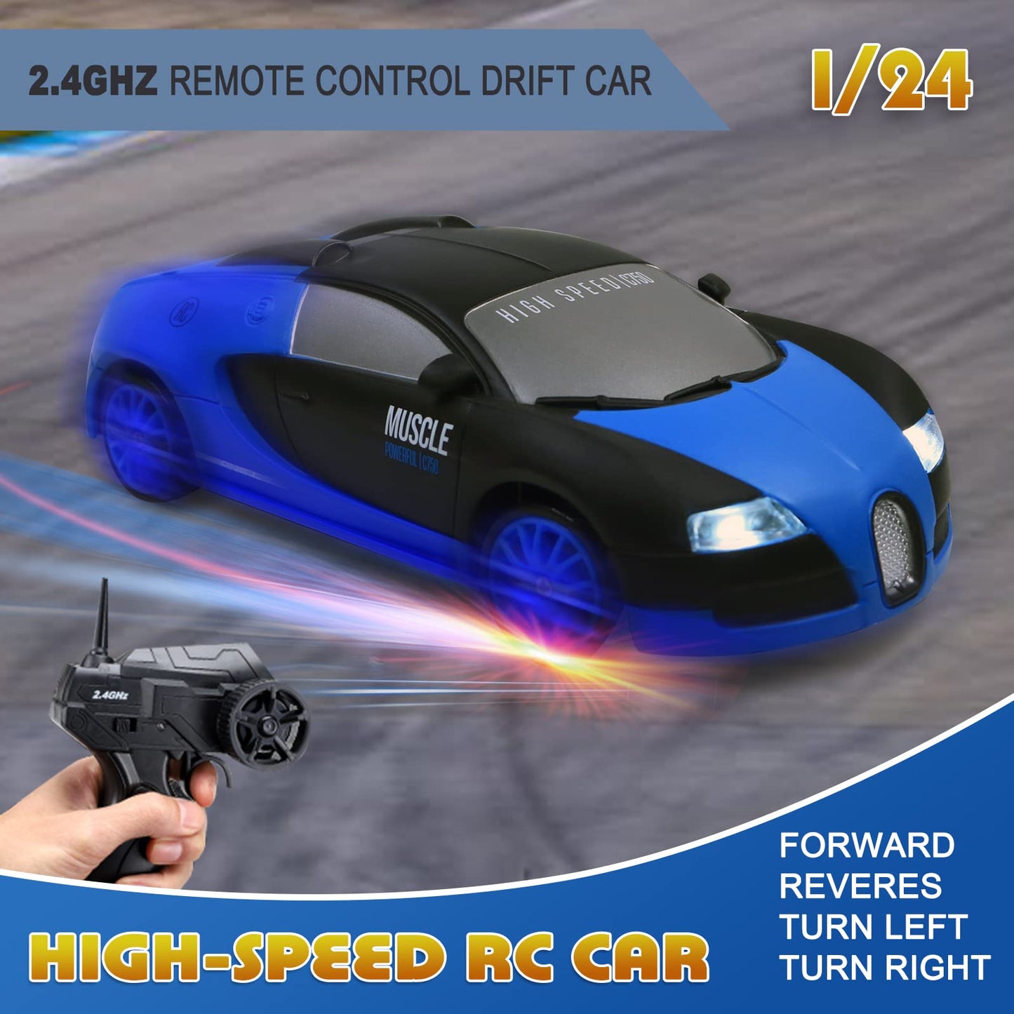 Remote Control Car RC Drift Car 2.4GHz 1:24 Scale 4WD High Speed RC Cars Vehicle with LED Lights Batteries and Drifting Tires Racing Sport Toy Cars for Adults Boys Girls Kids Gift