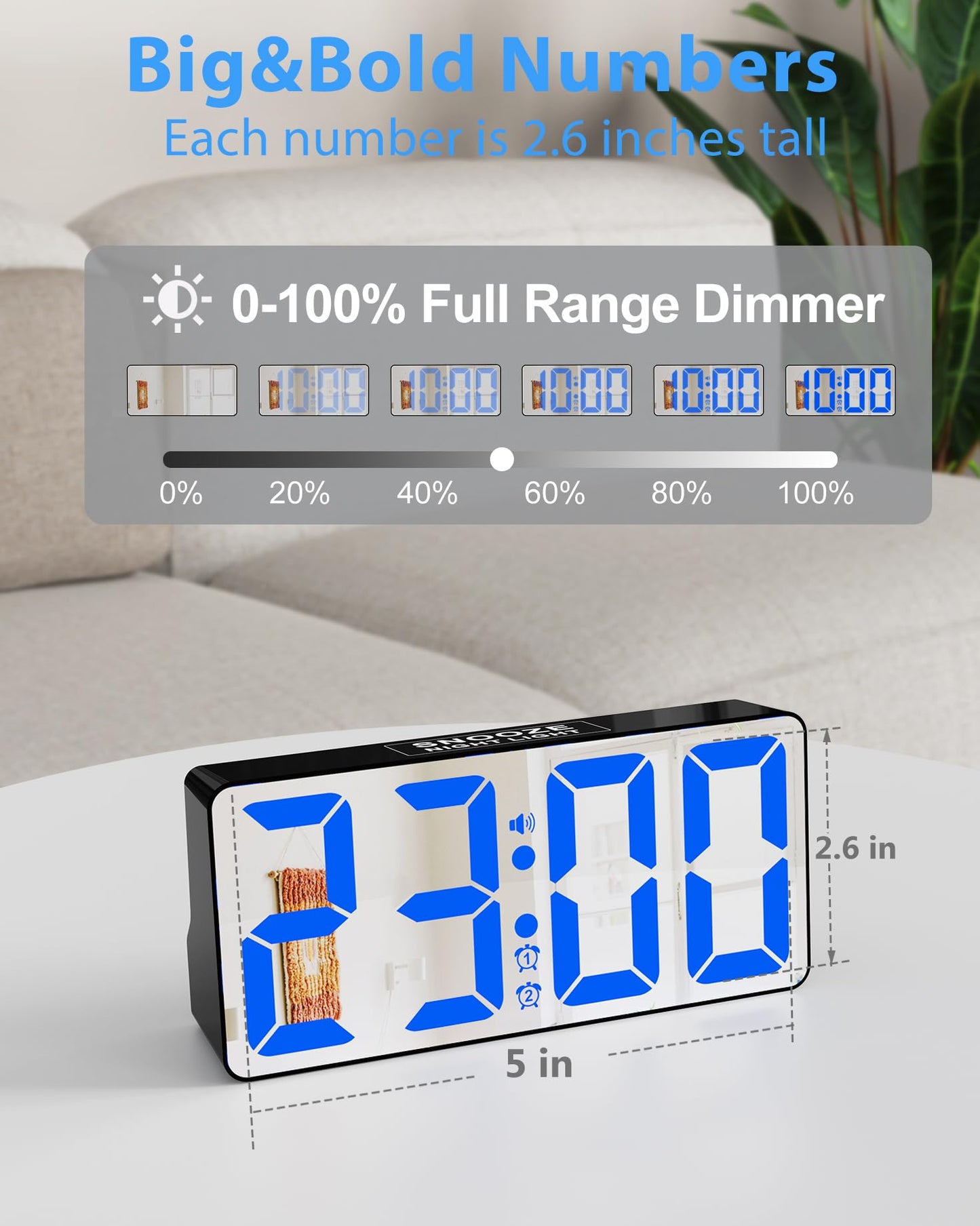 Roxicosly 118db Super Loud Alarm Clock for Heavy Sleepers, Mirror Clock with Large Bold Number, 0-100% Dimmable Display, Night Light, Type C & USB Charger, Dual Alarms