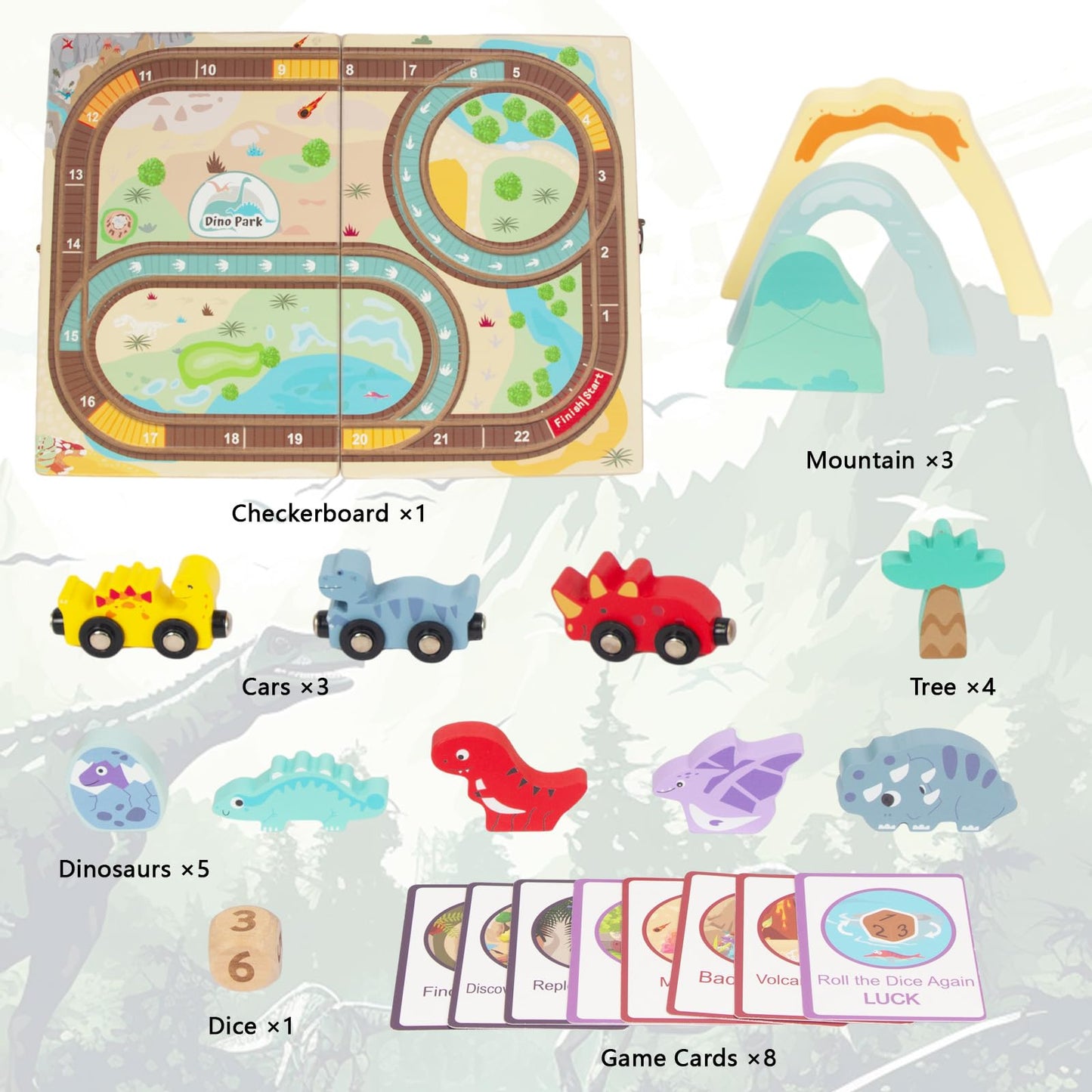 WoodenEdu Wooden Train Set Toys for Toddlers, Wooden Dinosaur Train Set for Kids Age 3+, Portable Durable Train Chess Toys for Travel with 3 Trains 5 Dinosaurs for Kids