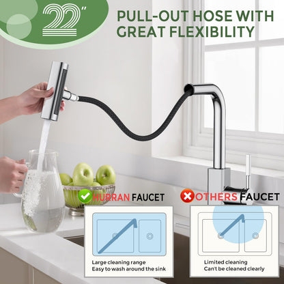 Hurran Waterfall Kitchen Faucet with Pull Down Sprayer,Stainless Steel Kitchen Sink Faucet with 4 Modes(Sweep/Stream/Waterfall/Sprayer),360° Swivel Modern Faucet for Kitchen Sink, Chrome