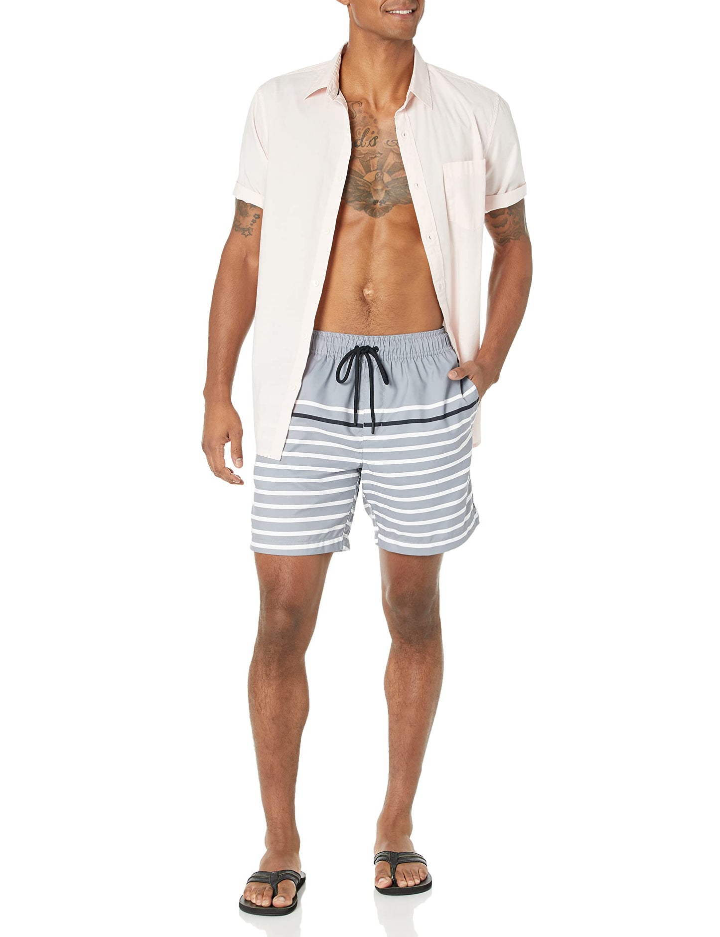 Amazon Essentials Men's 7" Quick-Dry Swim Trunk - Discontinued Colors, Black Charcoal Heather Narrow Stripe, Large