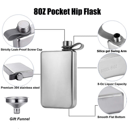 Hillside-Kit Hip Flask for Liquor 8 Oz Stainless Steel Leak proof with Funnel Flask set men flask women flask set (Silver Square)