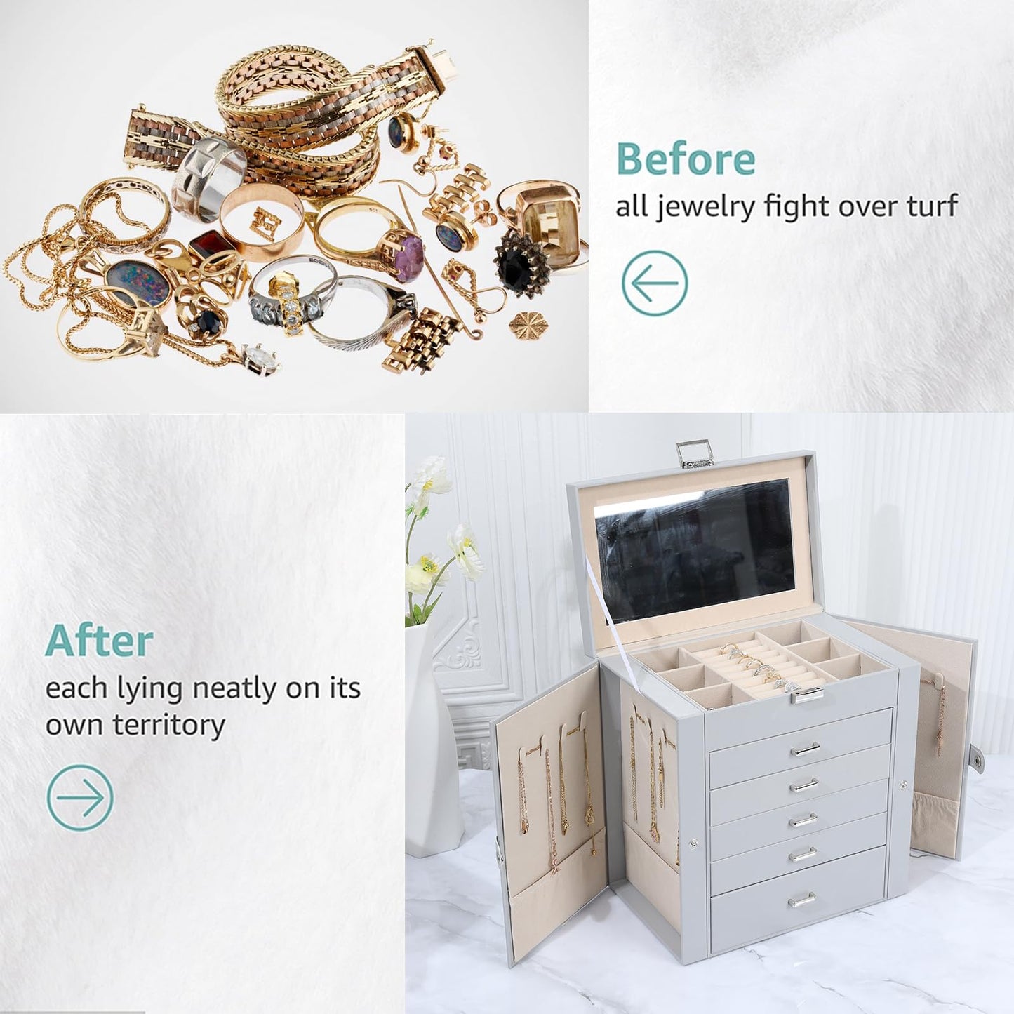 ASINGYER Jewelry Box for Women, 6 Layer Lockable Large Jewelry Holder Organizer with 5 Drawers for Jewelry Storage, Big Jewelry Box for Womens’ Christmas Gift (gray)